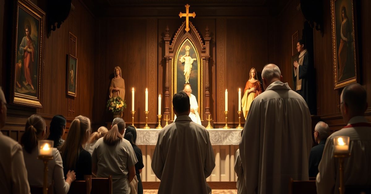 Adore Movement: Eucharistic Piety in the Shadow of Apostasy Catholic faithful kneeling in adoration before the Blessed Sacrament in a traditional chapel, reflecting deep spirituality and devotion amidst modern apostasy.