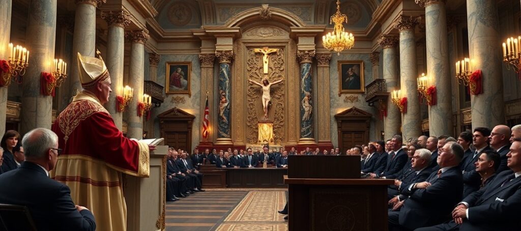 Antipope Robert Francis Prevost (Leo XIV) addressing ambassadors in the Vatican's Clementine Hall. The scene captures the antipope's hollow rhetoric of 'common good' without Christ's Kingship.