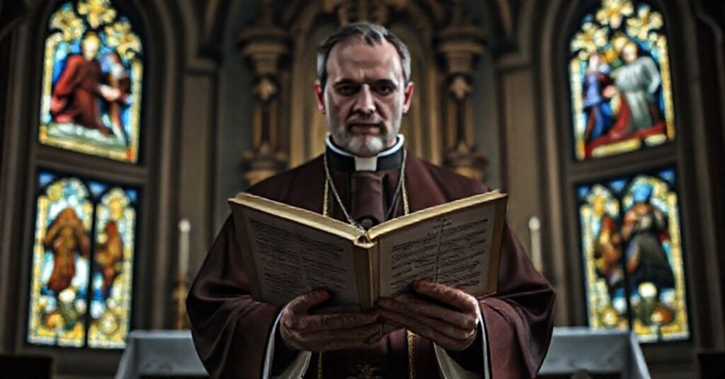 A traditional Catholic priest in liturgical vestments holding Brother Lawrence's book in a dimly lit chapel, symbolizing the critique of Bergoglian mysticism and neo-modernism.
