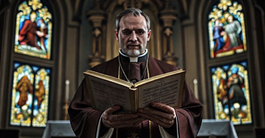 A traditional Catholic priest in liturgical vestments holding Brother Lawrence's book in a dimly lit chapel, symbolizing the critique of Bergoglian mysticism and neo-modernism.
