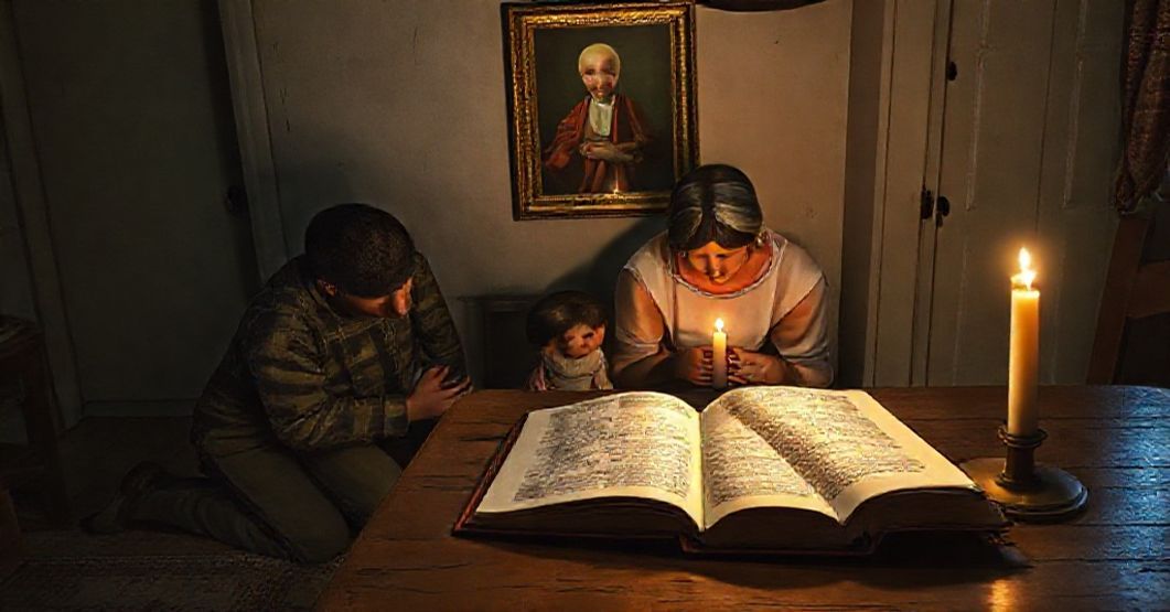 Traditional Catholic Family Opposing IVF in Defense Bill A traditional Catholic family praying together in a modest home with a portrait of Pope Pius XII and a copy of Casti Connubii on the table.