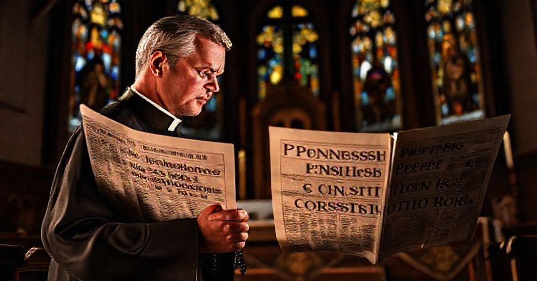 A Catholic priest in a church, holding a rosary, looking at a newspaper with a headline about Pennsylvania's Supreme Court upholding abortion rights.