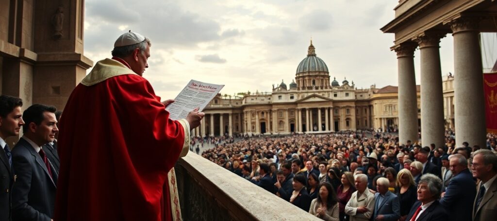 A solemn scene in St. Peter's Square where the usurper Robert Prevost (Leo XIV) addresses a crowd about naturalistic humanism, replacing Christ's Kingship with worldly ideals.