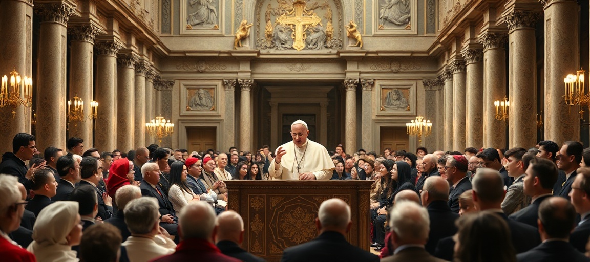 The usurper Robert Prevost, falsely styled as Pope Leo XIV, addressing the modernist Villa Nazareth community in the Vatican's Hall of Blessings. The scene reflects the conciliar sect's reduction of Catholic doctrine to naturalistic humanism.