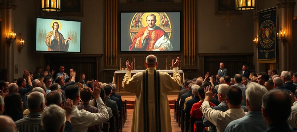 A traditional Catholic priest preaching to a divided congregation in a church, with Leo XIV's image in the background promoting Charismatic Renewal.