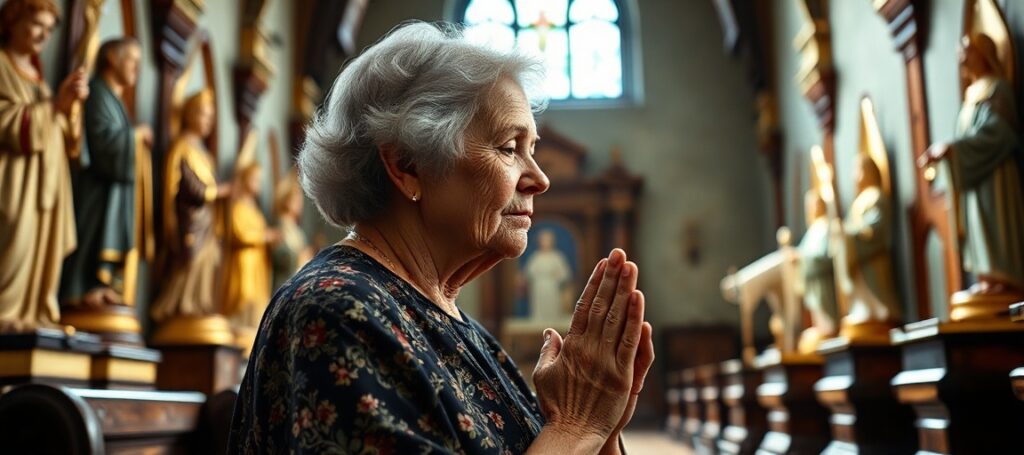 An elderly woman praying in a traditional Catholic chapel, symbolizing authentic faith amidst the conciliar crisis.