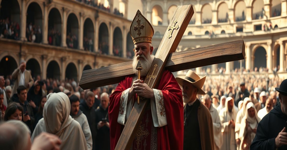 The Antipope's Blasphemous Via Crucis: A solemn depiction of Pope Leo XIV carrying the Cross at the Colosseum on Good Friday, 2026.