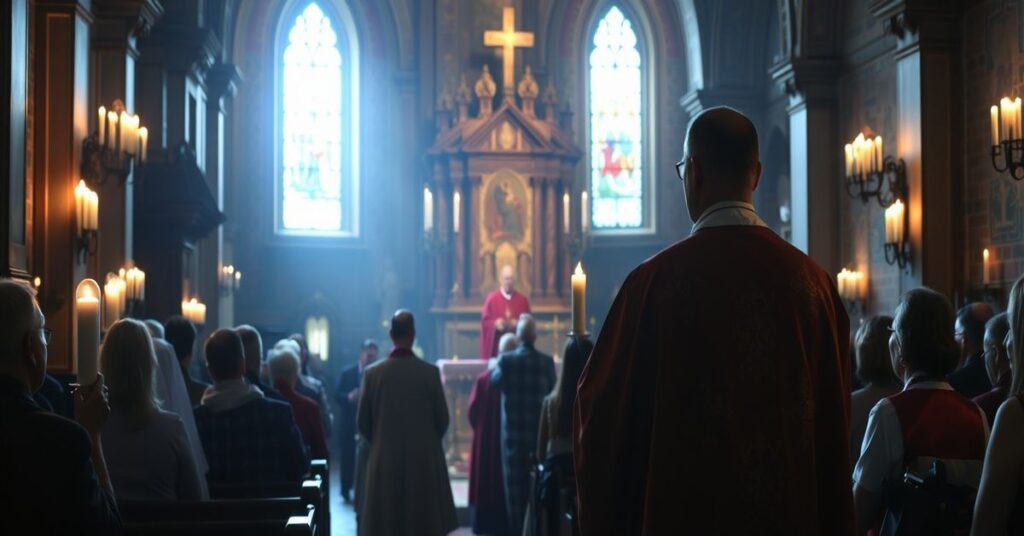 A reverent Traditional Latin Mass in a historic church, contrasting with the shadowy presence of conciliar anticlergy.