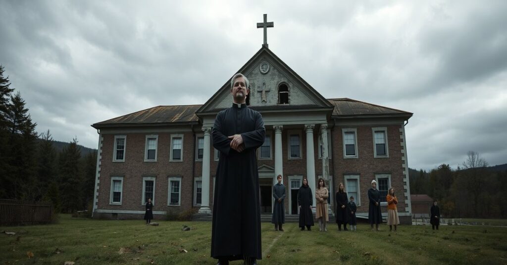 Solemn scene of an abandoned Vermont campus with traditional Catholic elements symbolizing the decline of faith and the longing for true Catholic revival.