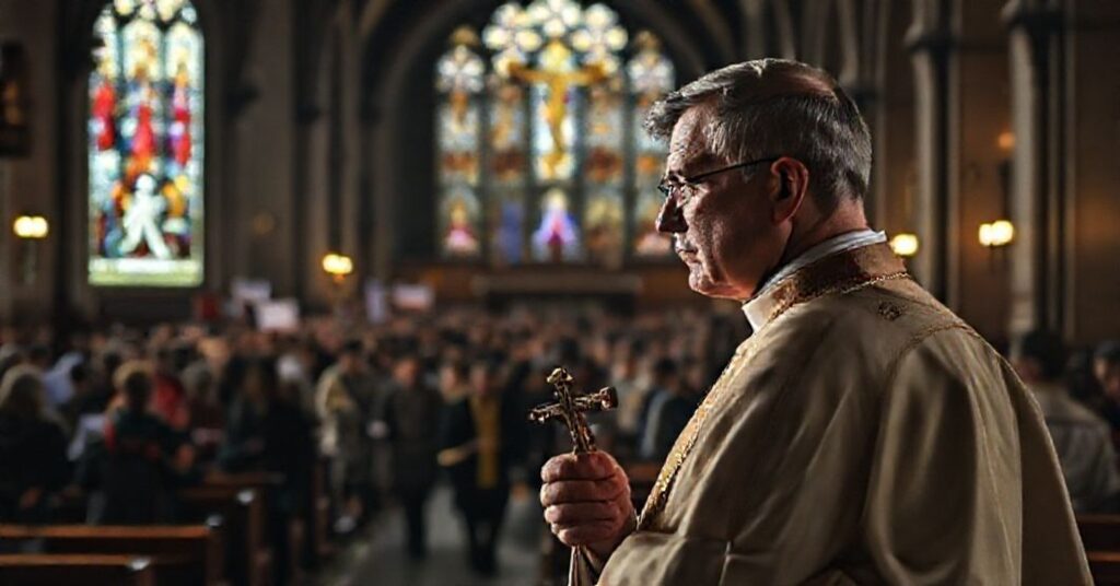 A Catholic priest in traditional vestments gazes sorrowfully at a crowd walking away from a political rally, symbolizing the abandonment of Christ's Social Kingship.