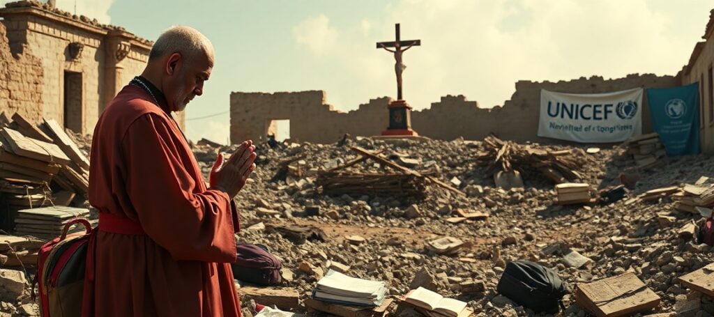 A Catholic priest praying over the ruins of a destroyed school, symbolizing the absence of Christ the King in modern humanitarian efforts.