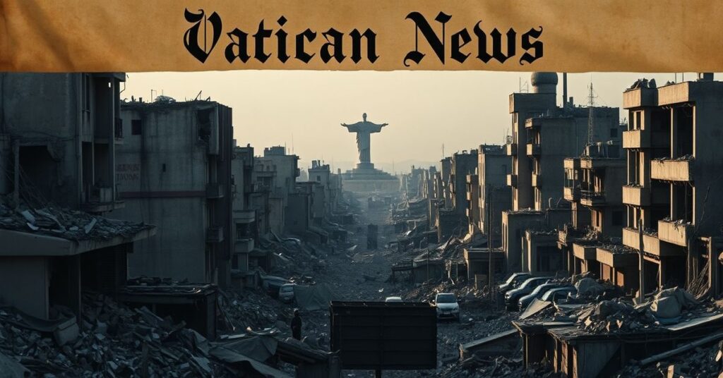 A somber scene of war-torn Middle Eastern city with destroyed buildings and displaced families, symbolizing the absence of Christ the King's reign in modern reporting.