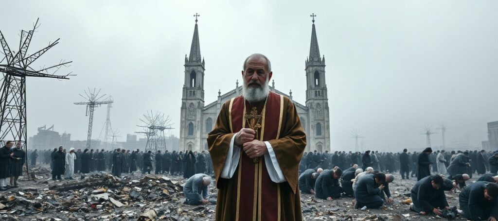 Traditional Catholic priest in liturgical vestments stands in a polluted landscape near Acerra Cathedral, holding a crucifix while mourners kneel in prayer.
