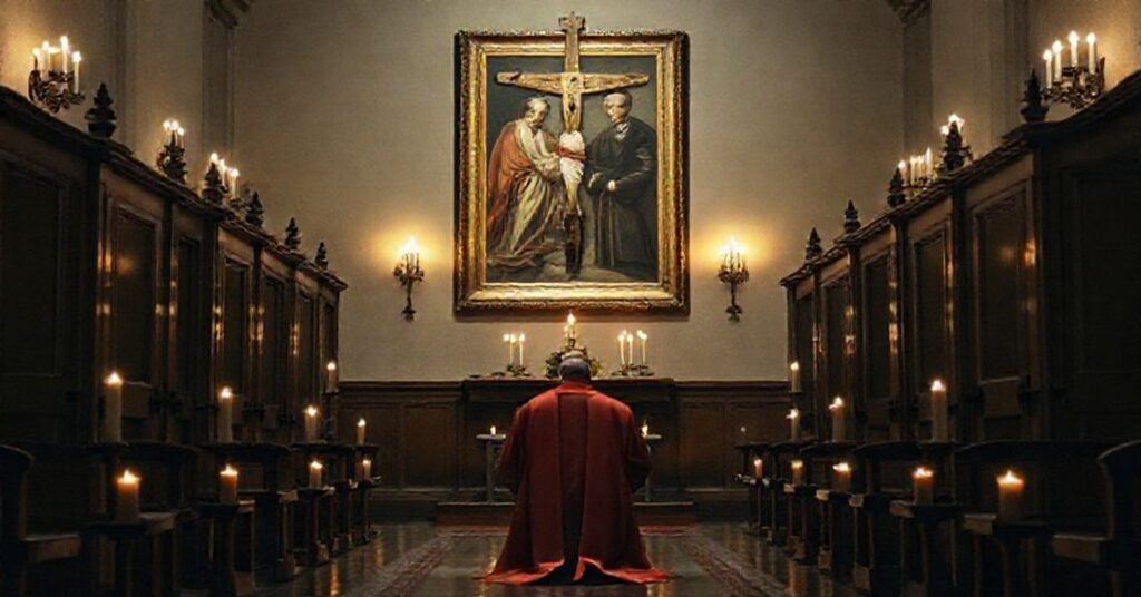 Sedevacantist priest in prayer before a crucifix in an empty chapel, contrasting with a faded portrait of "Pope" Leo XIV and Roberto Pasolini.