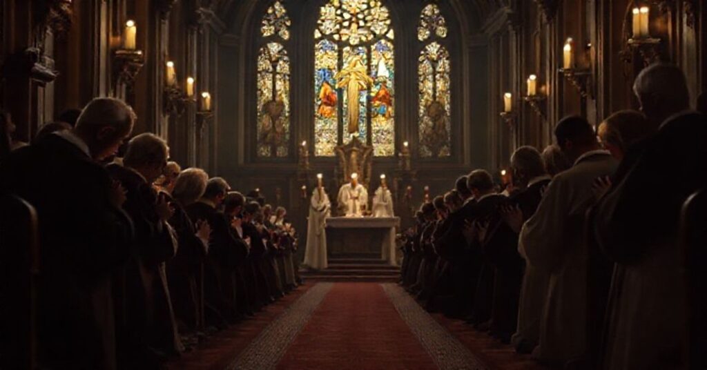 A reverent image of traditional Catholic clergy and laity praying during Advent, highlighting the antipope's distorted Angelus address and conciliar apostasy.