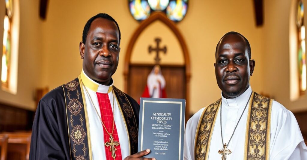 Bishops Bernardin Francis Mfumbusa and Edwin Mwansa Mulandu promoting synodality in front of a Catholic church