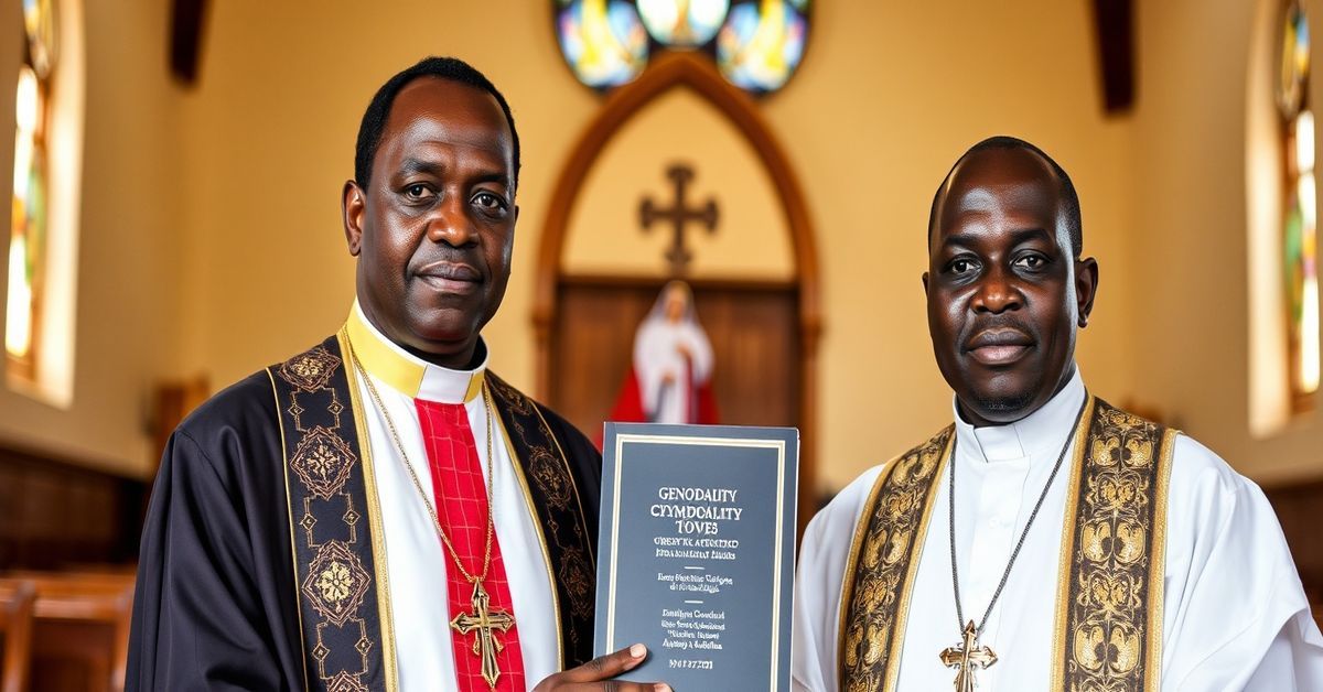 African Bishops Promote Synodality - A Catholic Critique Bishops Bernardin Francis Mfumbusa and Edwin Mwansa Mulandu promoting synodality in front of a Catholic church