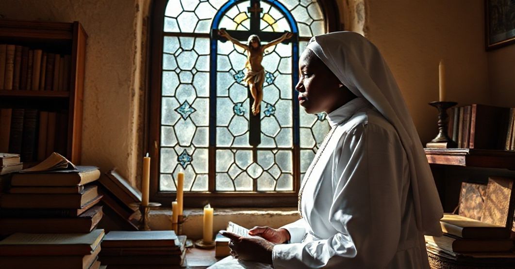 A traditional African religious sister in full habit praying in a modest chapel with a crucifix and religious books.