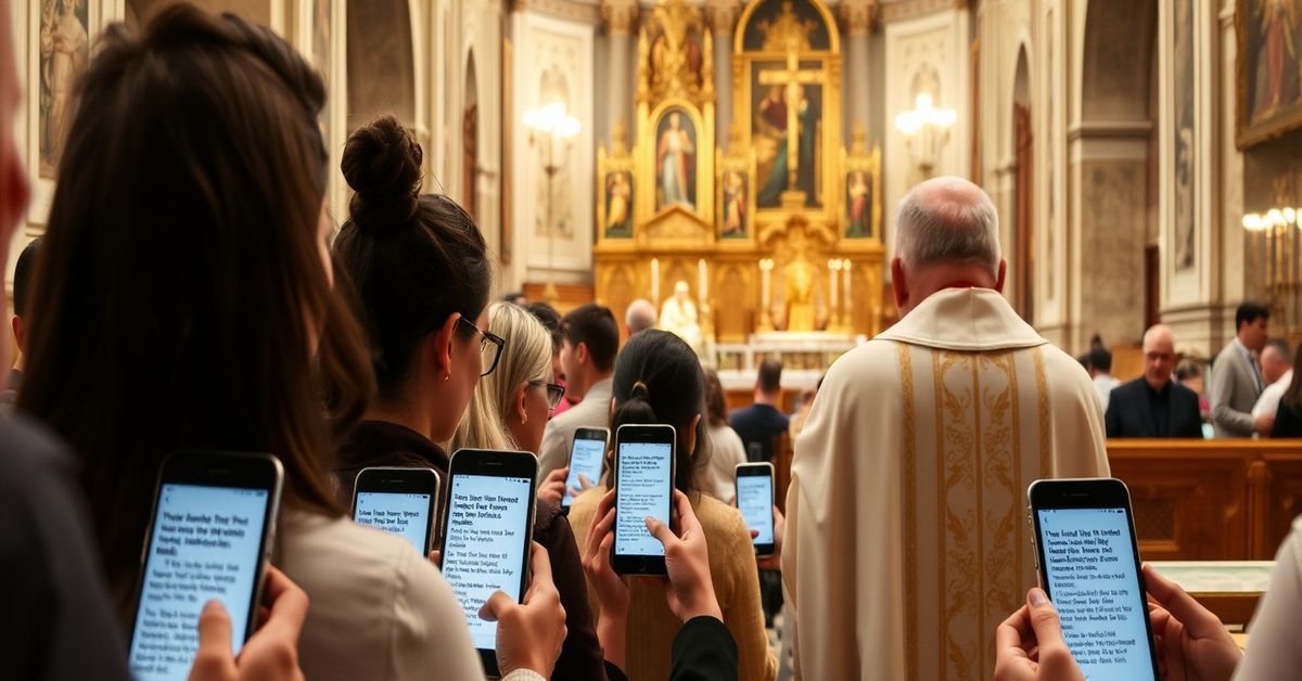 A traditional Latin Mass at St. Peter's Basilica with pilgrims using smartphones for AI-translated liturgy.