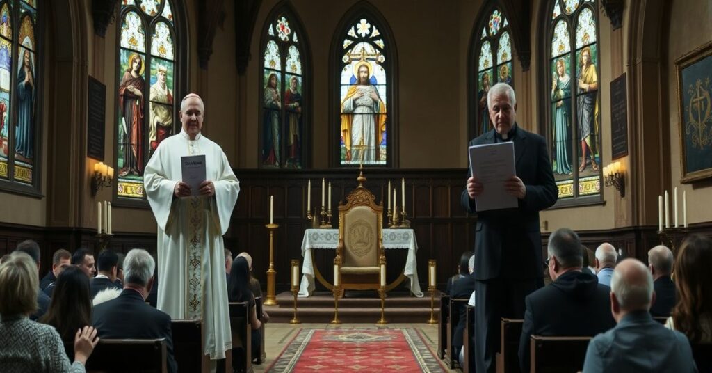 A solemn scene of a traditional Catholic church interior with empty episcopal chair, praying faithful, and modernist Bishop Mark O'Connell holding a settlement document.