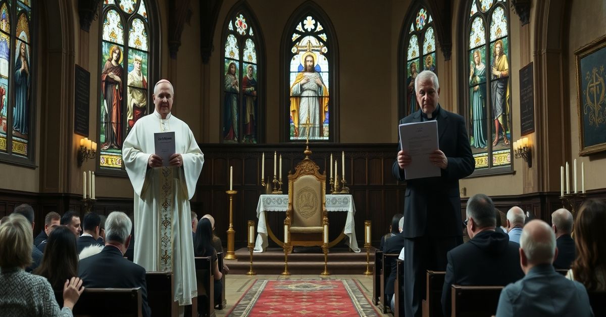 A solemn scene of a traditional Catholic church interior with empty episcopal chair, praying faithful, and modernist Bishop Mark O'Connell holding a settlement document.
