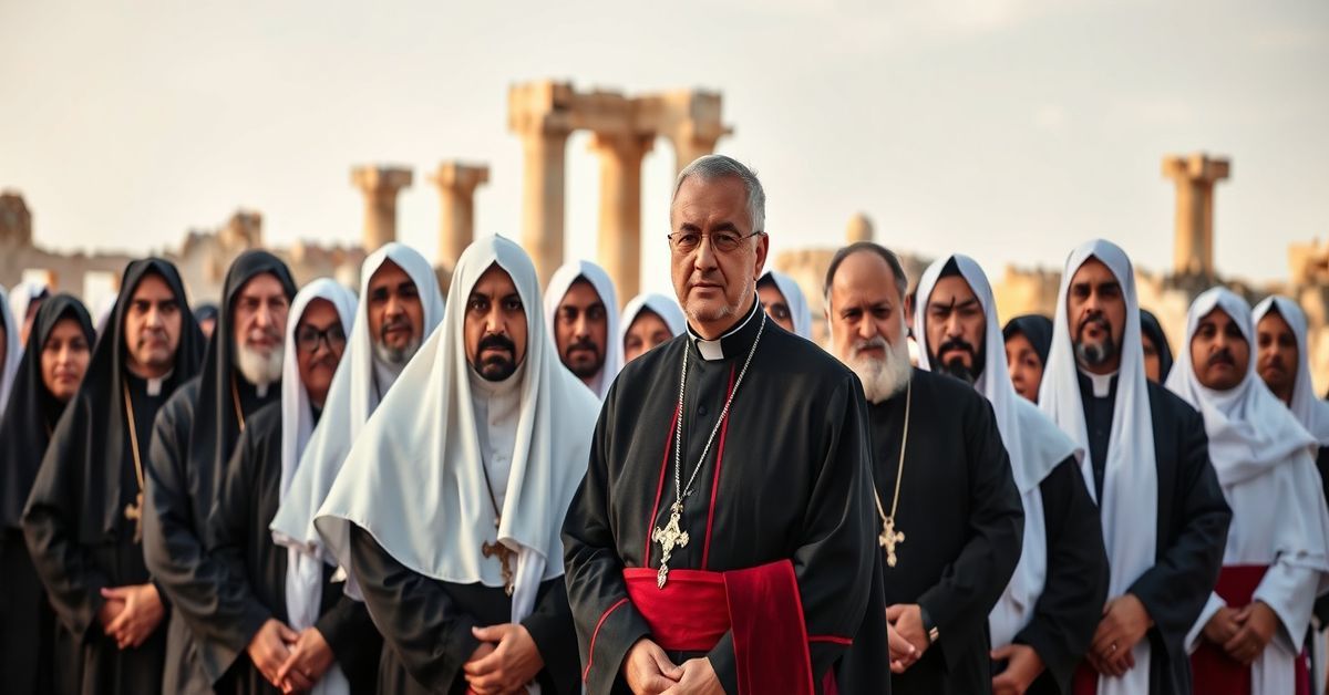 A reverent portrait of the 19 Algerian martyrs in traditional Catholic attire, standing before ancient Algerian ruins, with Bishop Pierre Claverie and Father Thomas Georgeon nearby, conveying holiness and sacrifice.