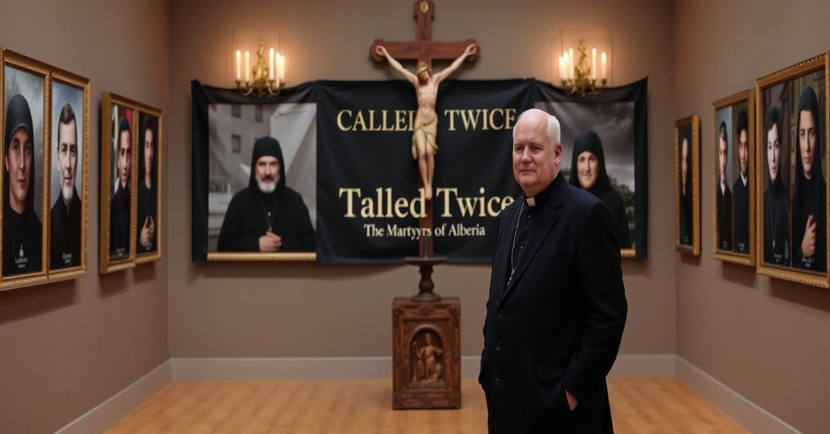 A solemn exhibition hall in Paris honoring the nineteen Algerian martyrs, including the Trappist monks of Tibhirine, with traditional Catholic iconography and a banner reading 'Called Twice. The Martyrs of Algeria.'