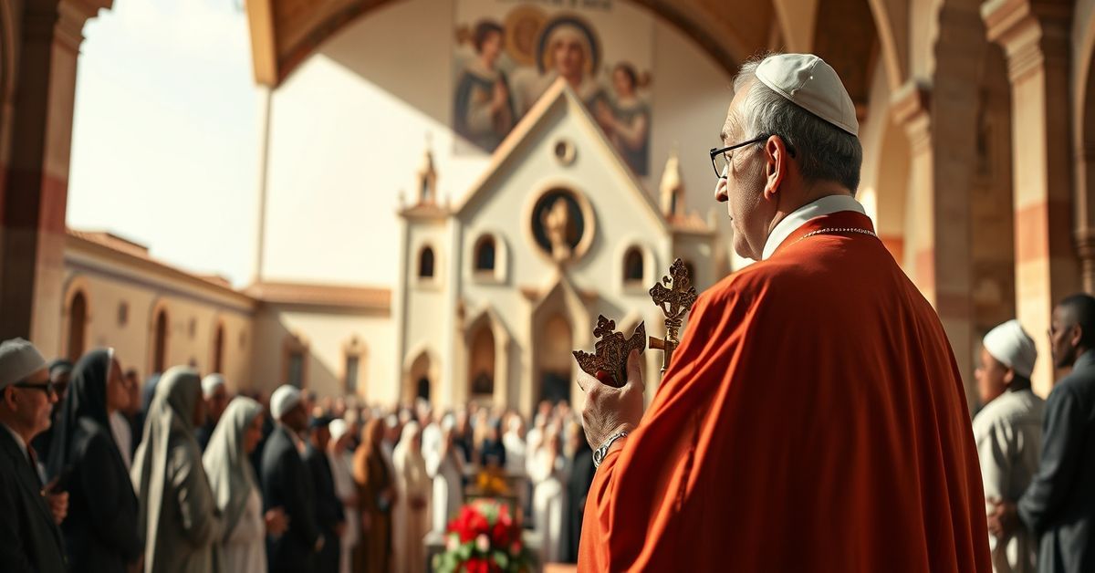 The Algeria Apostasy: Dialogue Over Christ's Kingship A Catholic priest in traditional cassock stands solemnly at an altar in Algiers, holding a crucifix as he overlooks an interfaith gathering at Notre-Dame d'Afrique basilica.