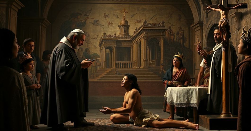 Sombre depiction of the alleged baptism of Juan Diego by Pedro de Gante in a 16th-century Mexican church, highlighting theological concerns about syncretism and inculturation.