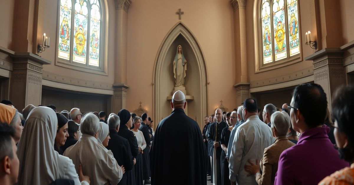 A solemn Catholic chapel in Alta Gracia, Argentina, with an empty niche where pilgrims claim to see an apparition of Our Lady of Lourdes.