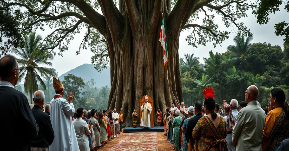 A solemn Catholic scene depicting a modernist Amazonian church assembly under a shihuahuaco tree in Bogotá, Colombia.