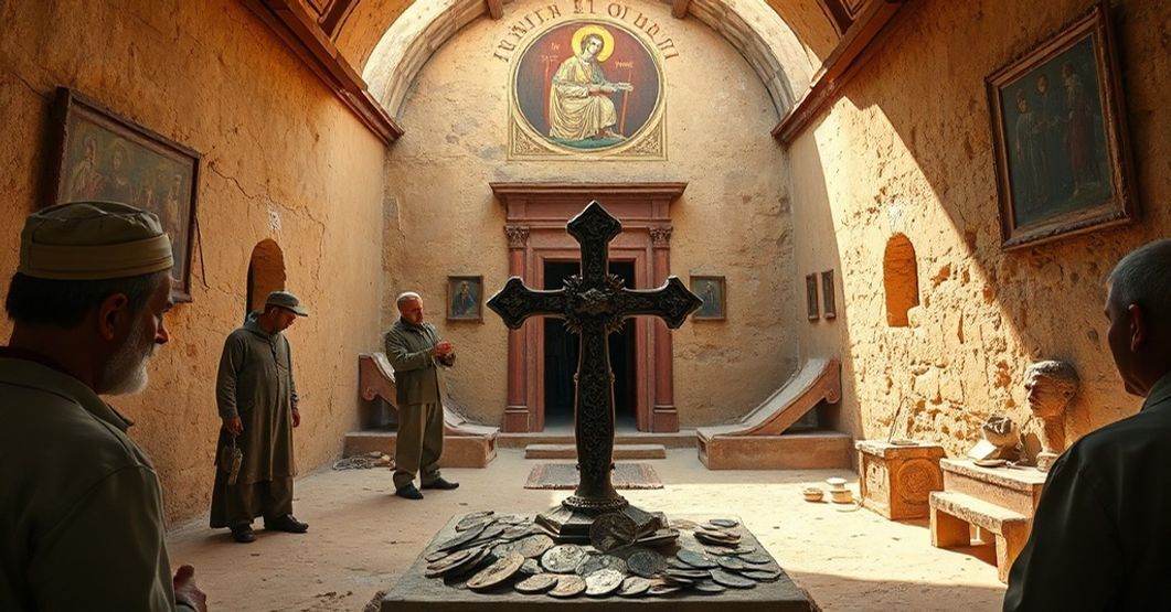 Ancient 3rd-4th century church in Aqaba, Jordan, with archaeologists examining artifacts including a bronze cross fragment and Roman coins.
