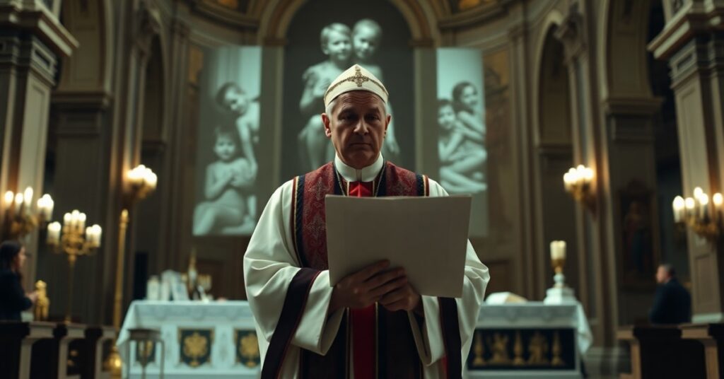A sorrowful Catholic bishop in a cathedral holding a document symbolizing the decriminalization of abortion, with faint images of unborn children projected on the altar.