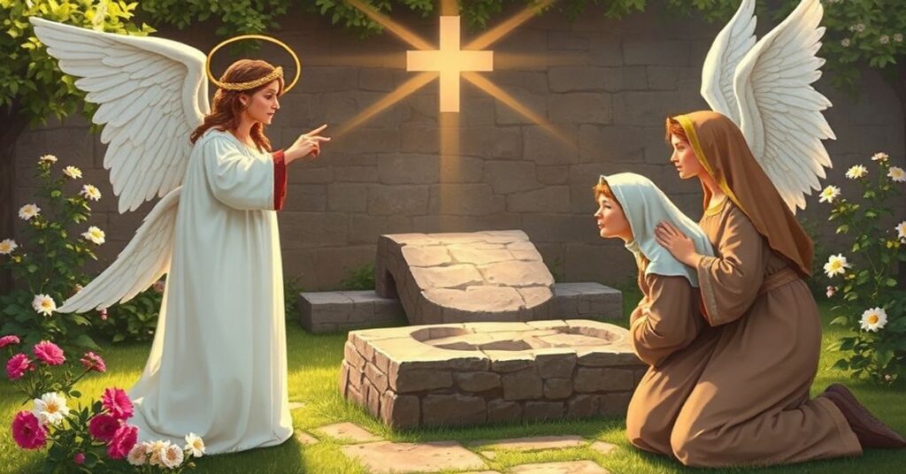 A Catholic depiction of the Resurrection with an angel announcing to women at an empty tomb.