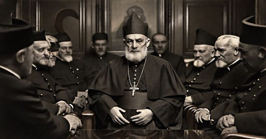 A somber portrait of Angelo Roncalli in Turkey during his 1935-1945 tenure, dressed in secular attire while meeting with Orthodox leaders and Turkish officials. The image depicts the erosion of Catholic identity through diplomatic compromise.