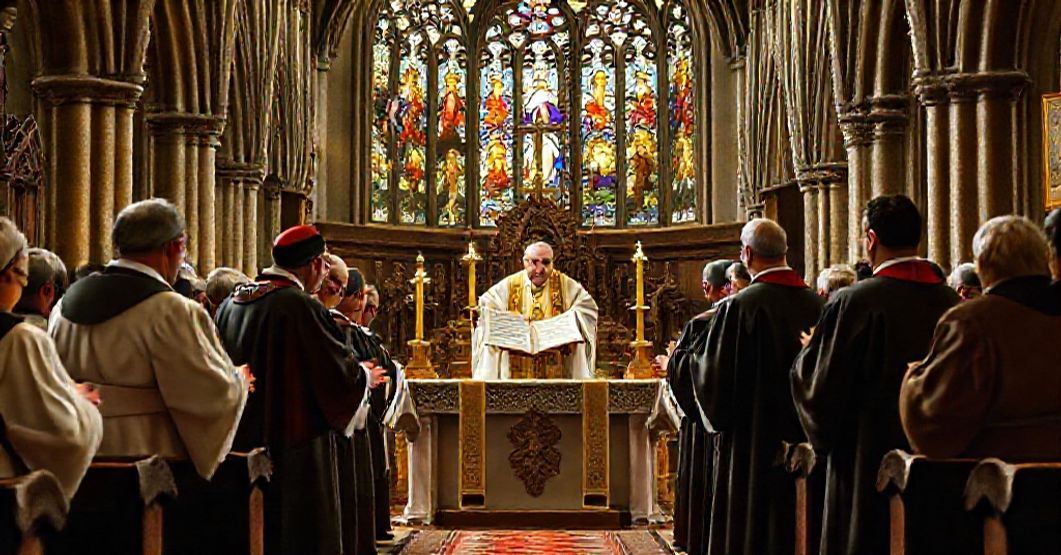 A solemn ceremony in an English church where former Anglican clergy receive invalid ordination from a conciliar bishop, symbolizing the apostasy of the modern Church embracing heresy.