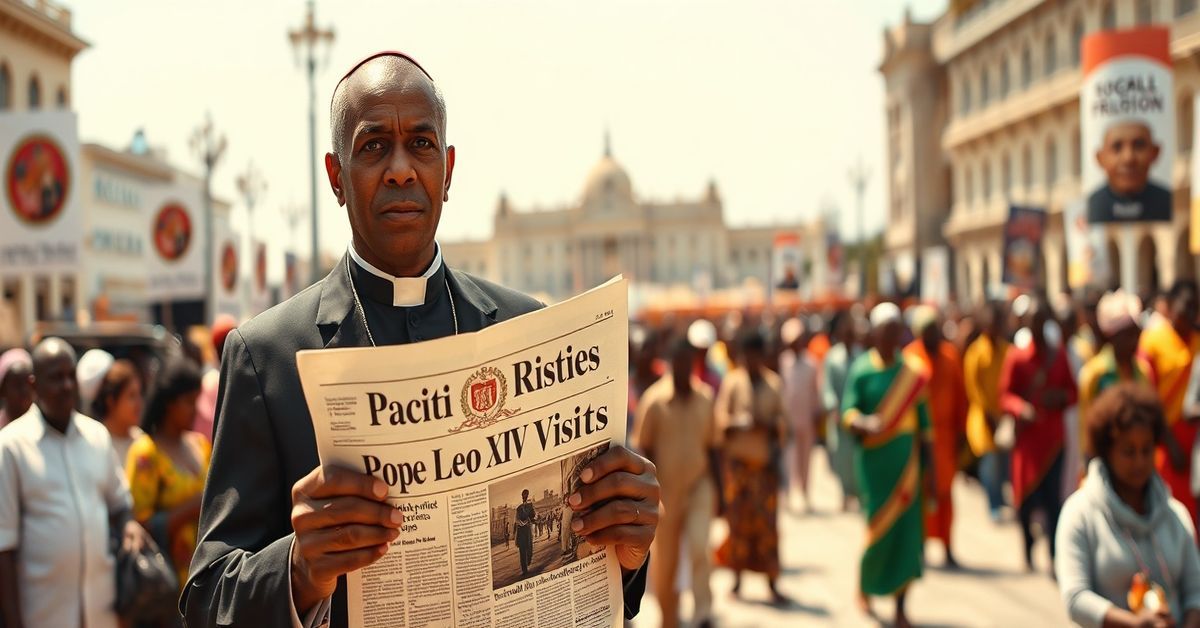 A Catholic journalist in traditional attire stands in Angola, holding a newspaper with a headline about Pope Leo XIV's visit. The scene reflects the naturalistic focus on social cohesion without supernatural realities.
