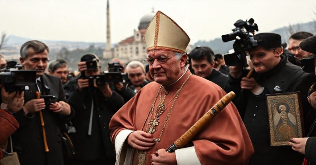 Antipope Leo XIV at Atatürk's mausoleum in Ankara, Turkey, surrounded by journalists and secular symbols.