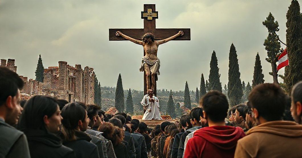Lebanese youth gathered in prayer before a crucifix, with antipope Leo XIV speaking in the background against a backdrop of ruined churches and cedars.