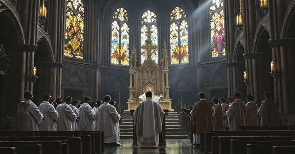 Empty papal throne in a grand cathedral with modernist clergy near a lectern displaying heretical speech.