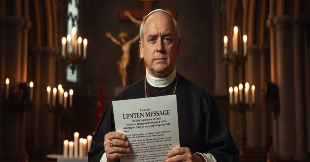 A Catholic bishop in traditional vestments holds a Lenten message in a church, symbolizing the spiritual crisis caused by the antipope Leo XIV's modernist Lenten call.