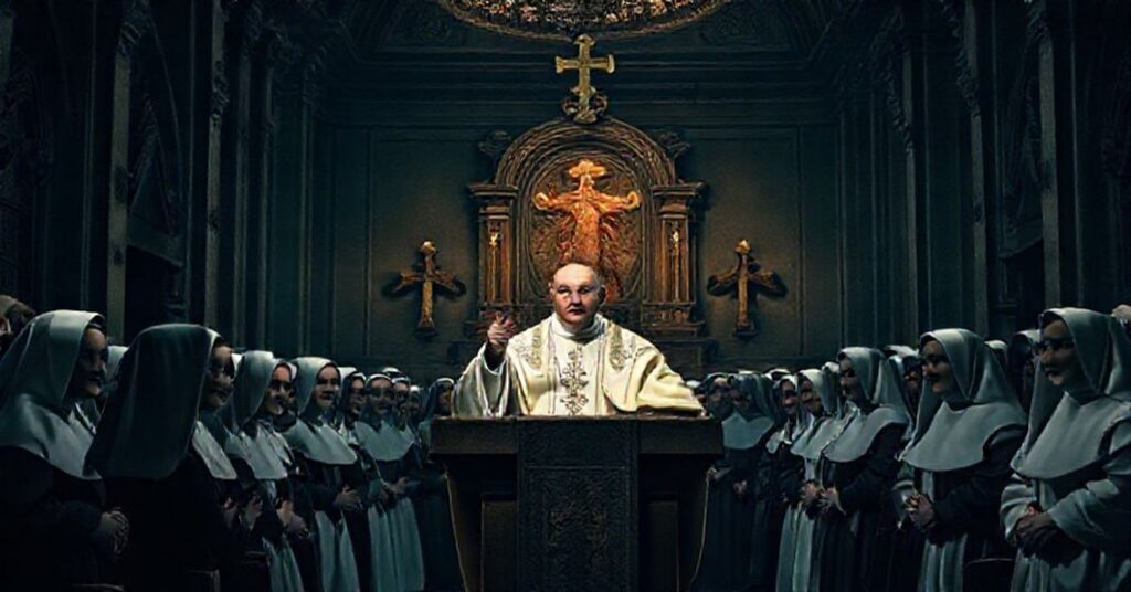 A solemn scene of antipope Leo XIV addressing the Servants of Mary during their 215th General Chapter in 2025, promoting social activism over supernatural mission in a traditional Catholic chapel.