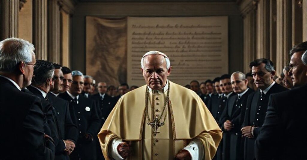 Antipope Leo XIV addresses new ambassadors in a Vatican hall; symbolizing the abandonment of Christ's Kingship and the false peace rhetoric of modernism.