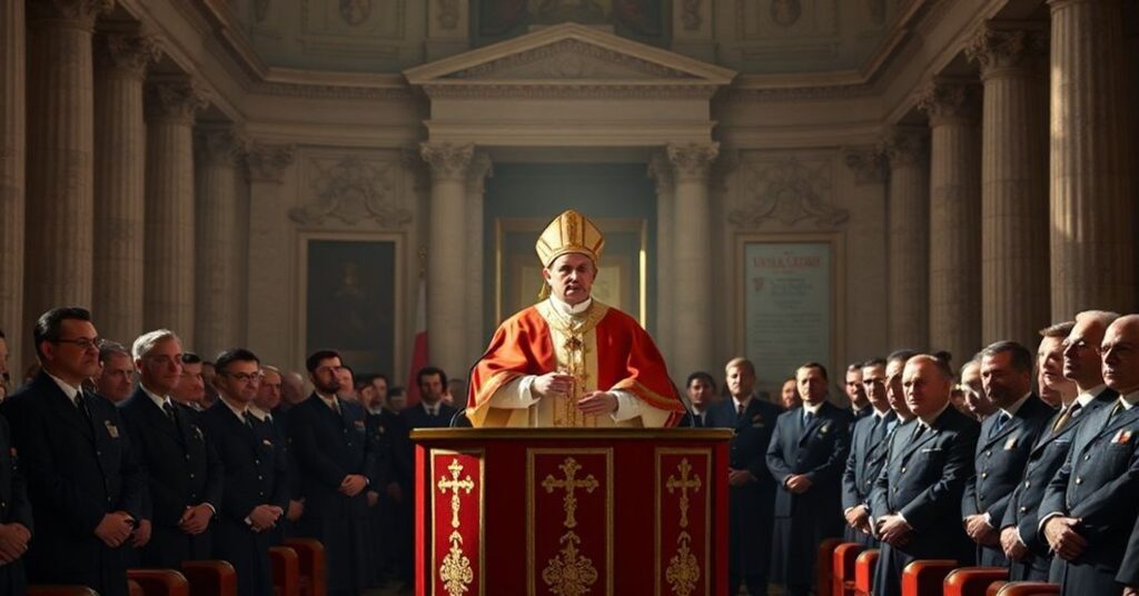 Antipope Leo XIV addressing diplomats in a Vatican hall during the Jubilee of Italian Diplomacy.