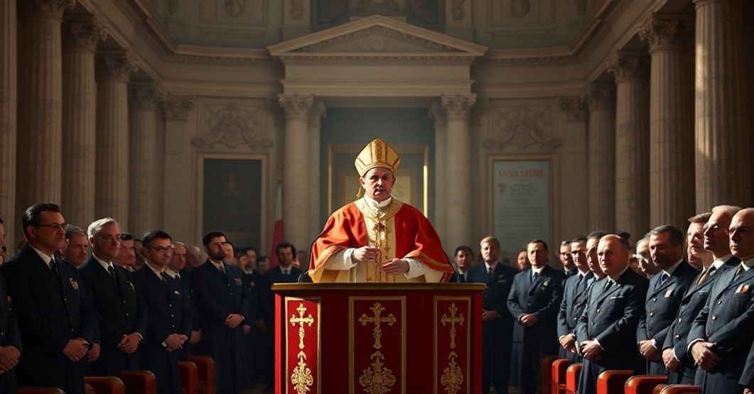 Antipope Leo XIV addressing diplomats in a Vatican hall during the Jubilee of Italian Diplomacy.