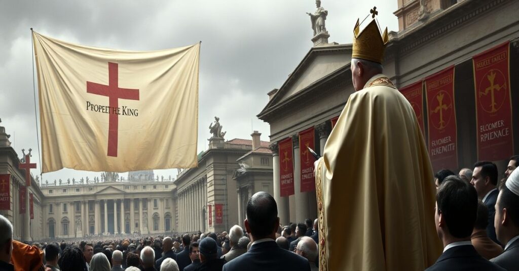 Antipope Leo XIV addressing Pro Petri Sede Association with modernist banners in foreground and fading Christ the King banner in background.