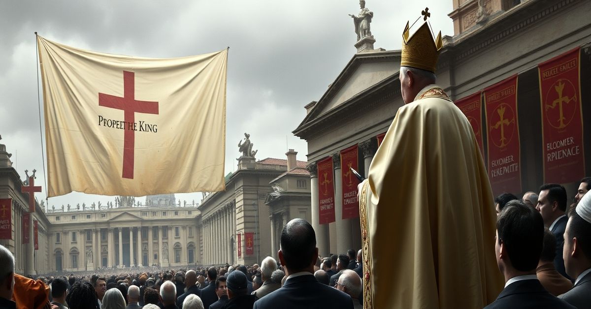 Antipope Leo XIV addressing Pro Petri Sede Association with modernist banners in foreground and fading Christ the King banner in background.