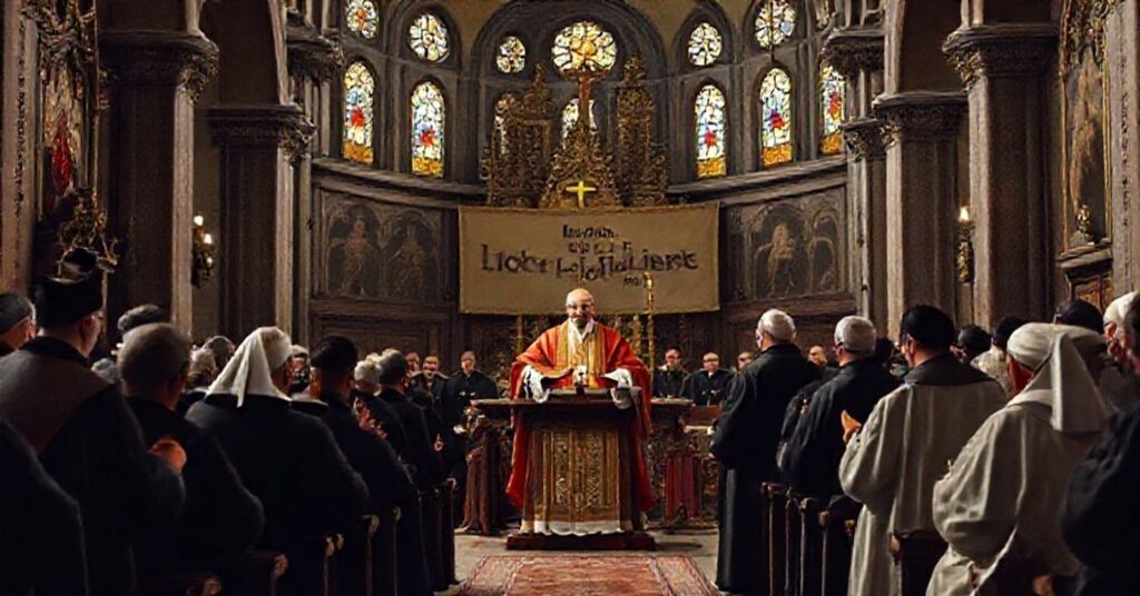 A traditional Catholic scene depicting the false 'pope' Leo XIV addressing Turkish Catholics in Istanbul's Cathedral of the Holy Spirit, symbolizing the betrayal of Christ's mission through Modernist ecumenism.