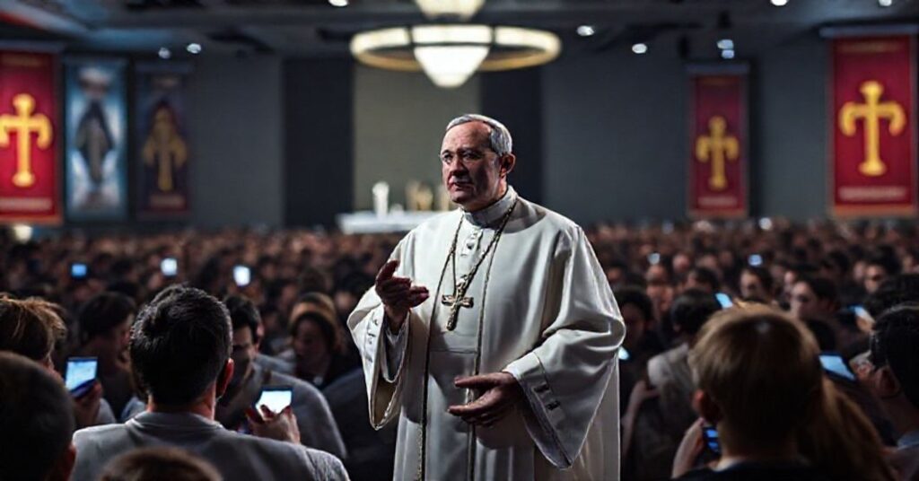 A critical depiction of antipope Leo XIV addressing youth at the National Catholic Youth Conference, surrounded by distracted teenagers using technology.