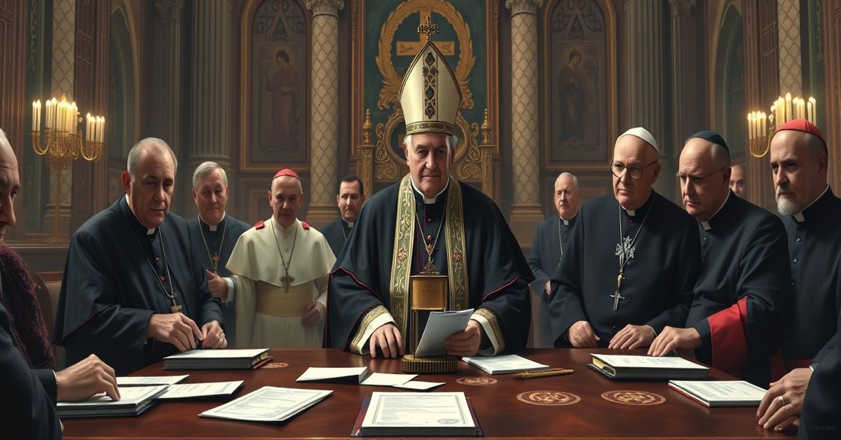 Antipope Leo XIV with modernist prelates in a dimly lit Vatican hall symbolizing apostasy and worldly power.